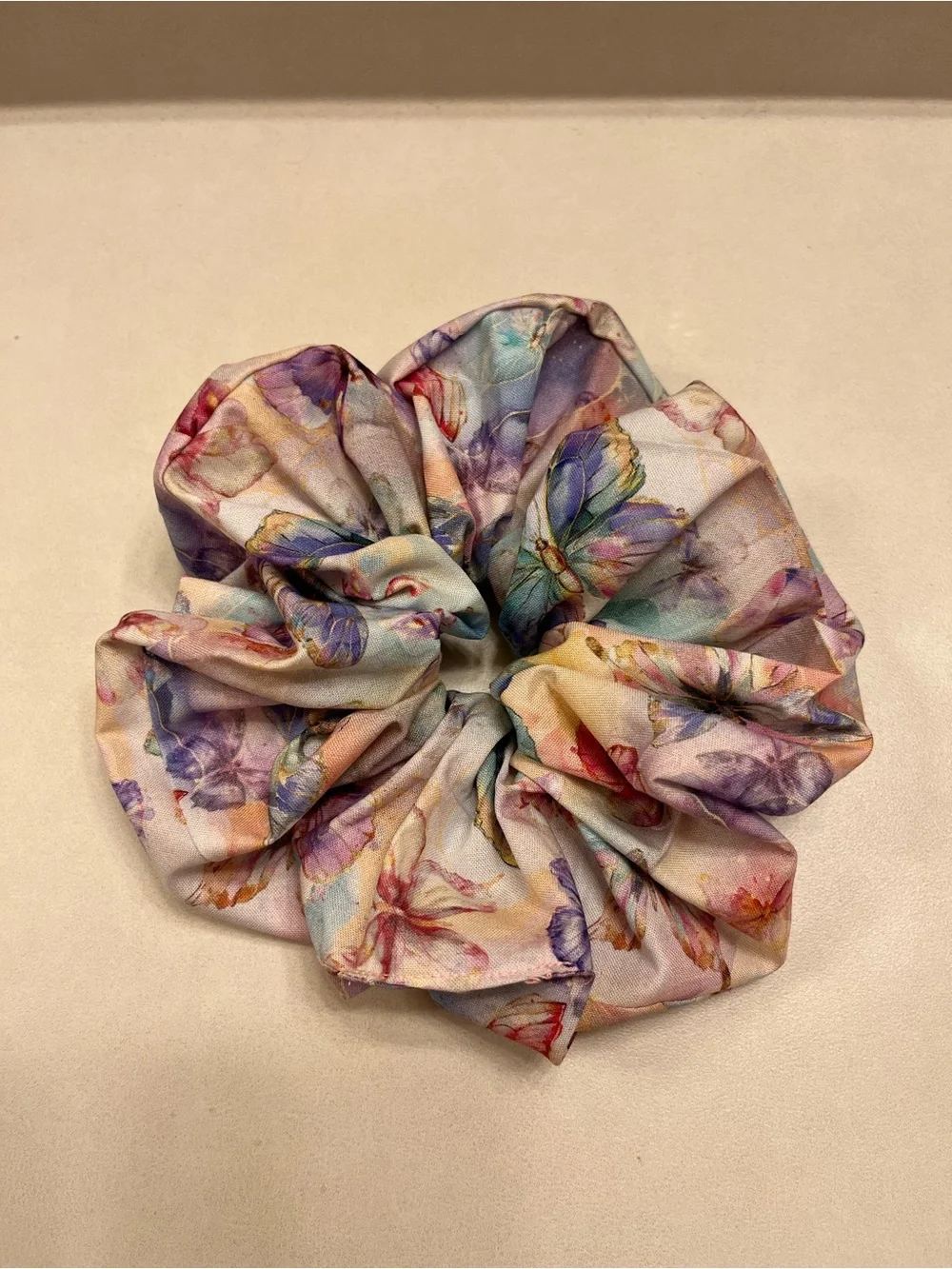 Handmade Watercolor  butterfly floral pink orange blue teal purple scrunchies
